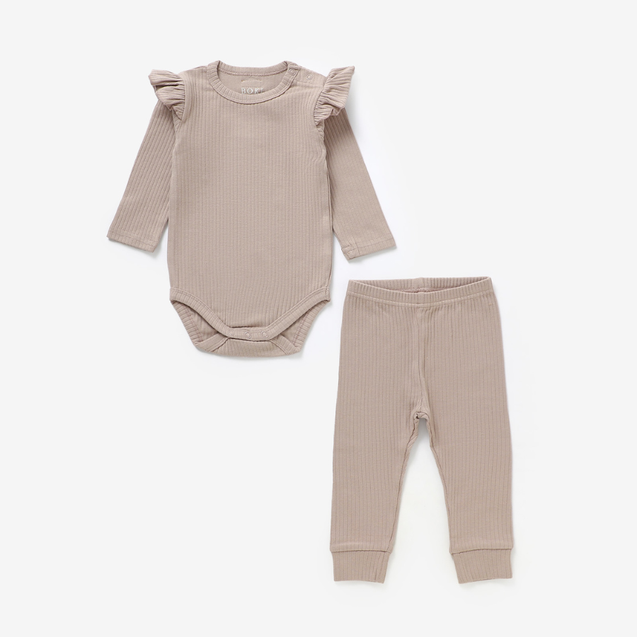Frilled Organic Rib Long sleeve Set | Oatmeal