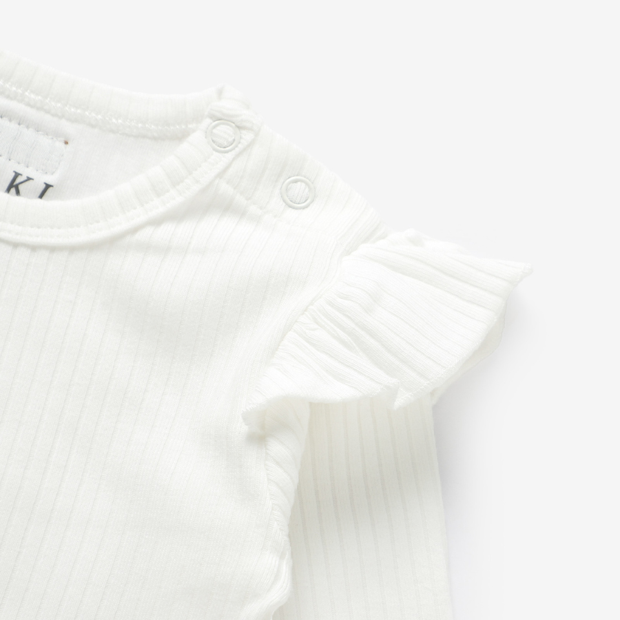 Frilled Organic Rib Long sleeve Set | Ivory