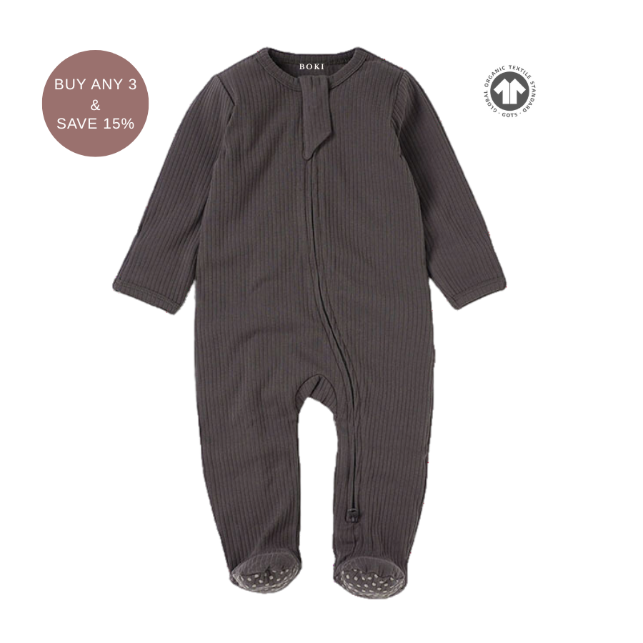 Organic Rib Zipsuit with Footies & Mittens | Charcoal