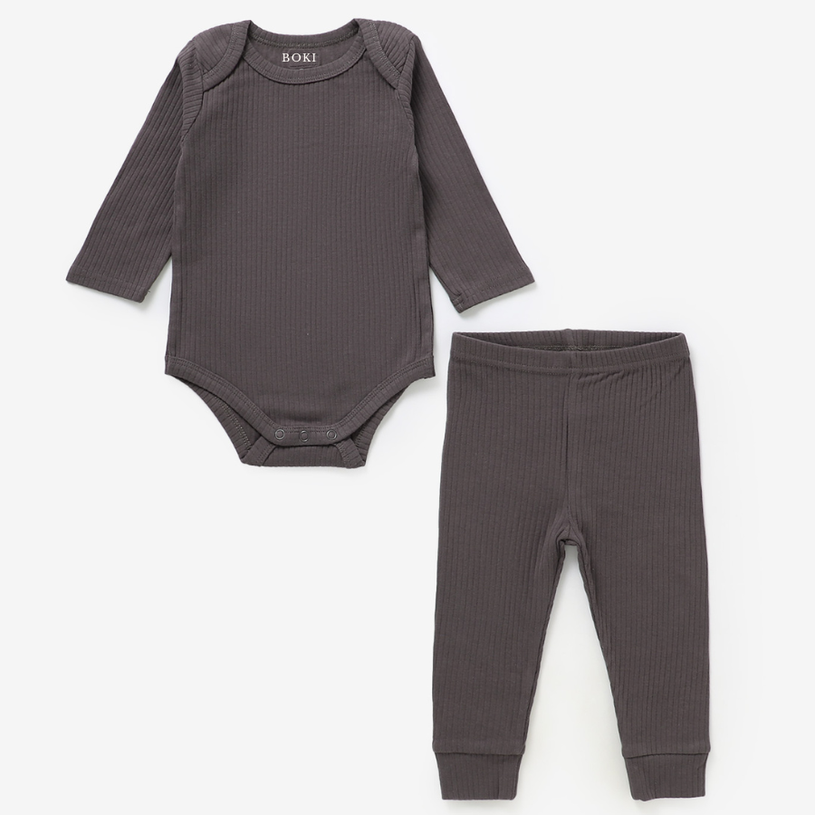 Organic Rib Longsleeve Bodysuit Set | Charcoal