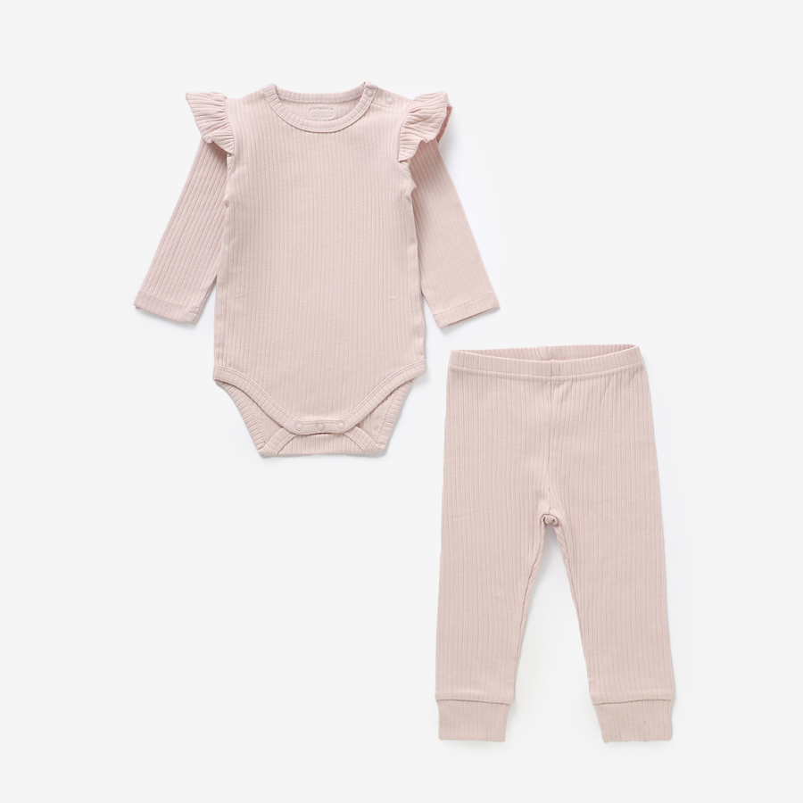 Frilled Organic Rib Long sleeve Set | Blush
