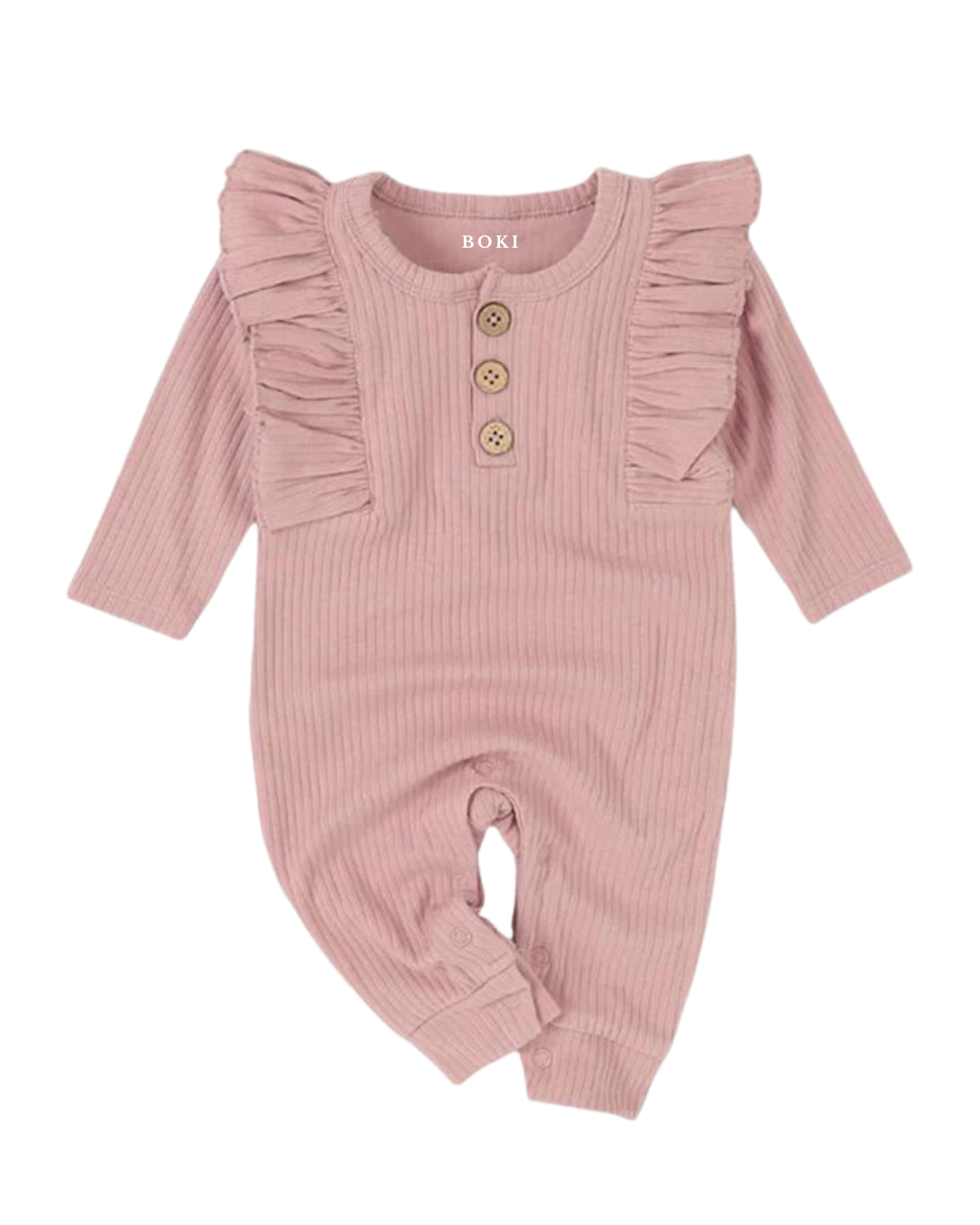 Long-Sleeve Ruffled Ribbed Growsuit | Pale Rose