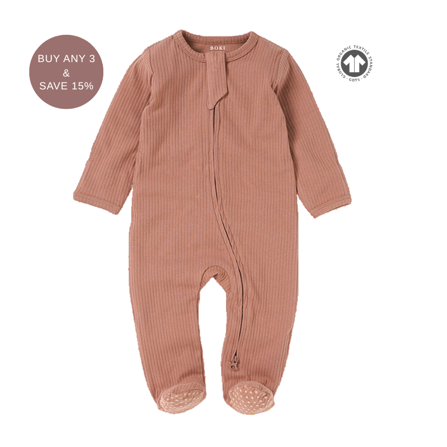 Organic Rib Zipsuit with Footies & Mittens | Clay