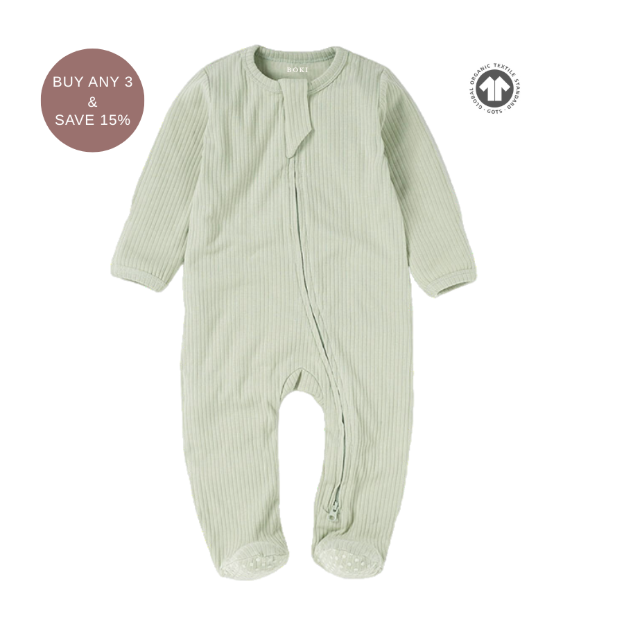 Organic Rib Zipsuit with Footies & Mittens | Dried Mint