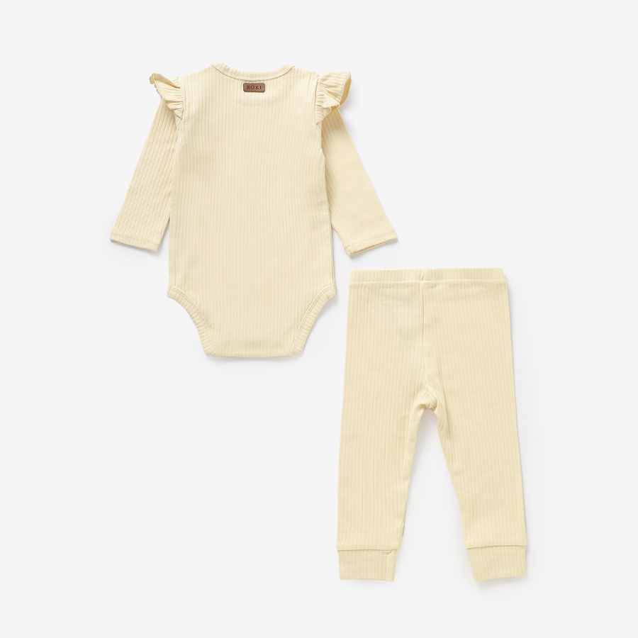 Frilled Organic Rib Long sleeve Set | Creme