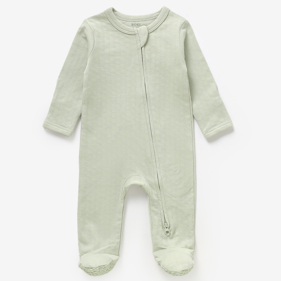 Organic Cotton Honeycomb 2-way Zipsuit with Footies and Mittens | Sage