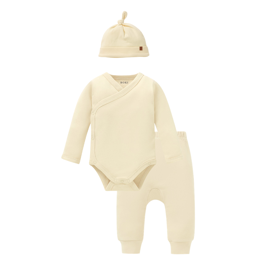 3 Piece Organic Brushed Cotton Fold-Over Set with Beanie | Honey Cream