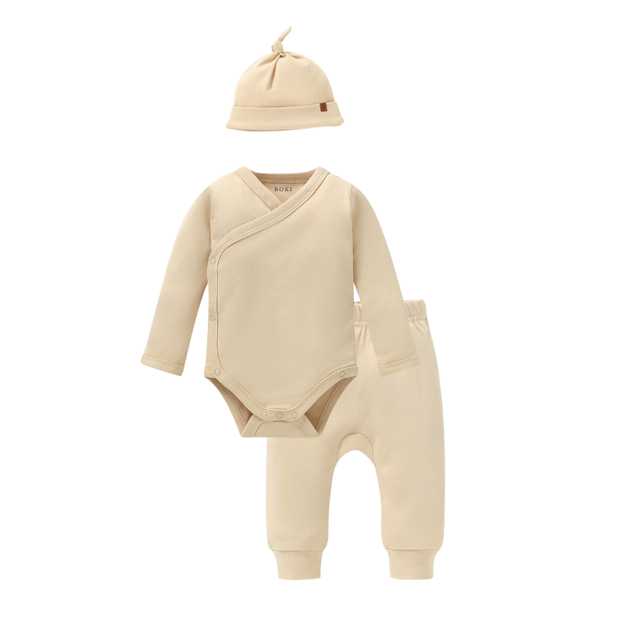3 Piece Organic Brushed Cotton Fold-Over Set with Beanie | Almond