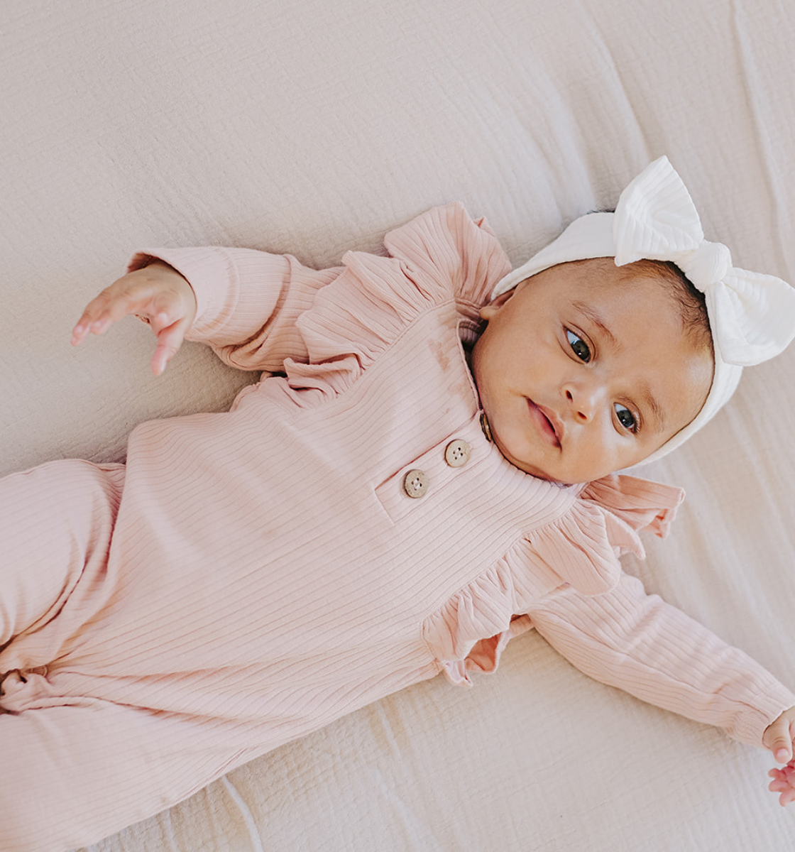 Long-Sleeve Ruffled Ribbed Growsuit | Blush
