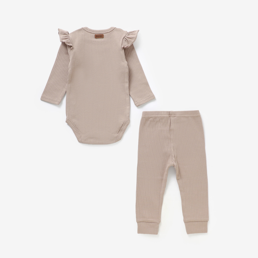 Frilled Organic Rib Long sleeve Set | Oatmeal