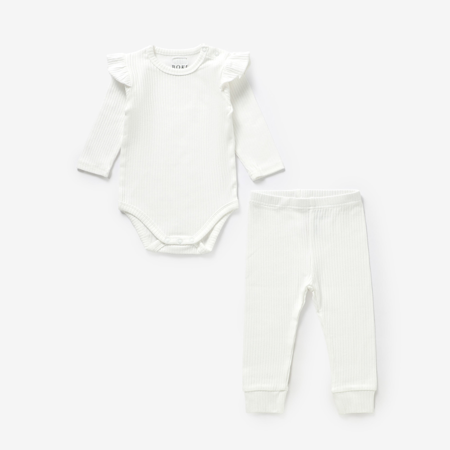 Frilled Organic Rib Long sleeve Set | Ivory