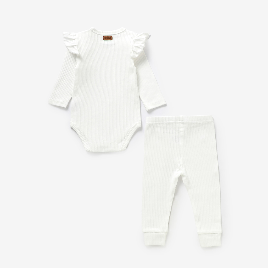 Frilled Organic Rib Long sleeve Set | Ivory