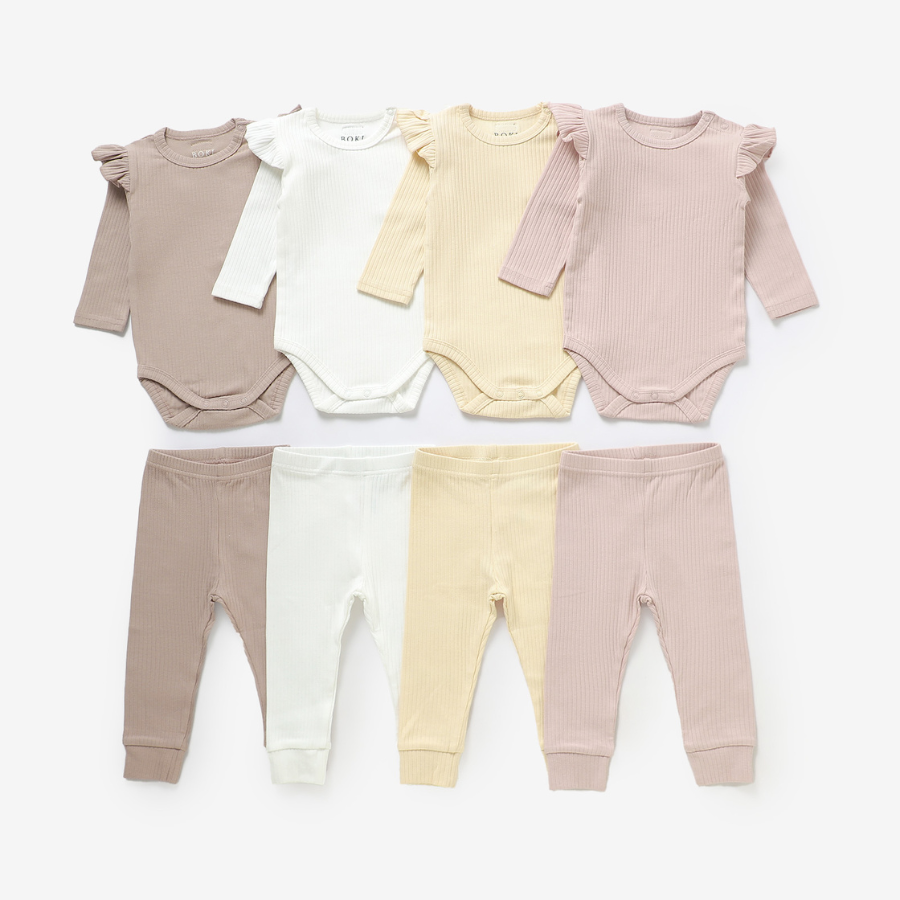 Frilled Organic Rib Long sleeve Set | Ivory