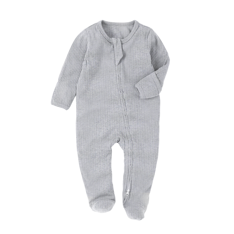 Organic Rib Zipsuit with Footies & Mittens Light Grey BOKI
