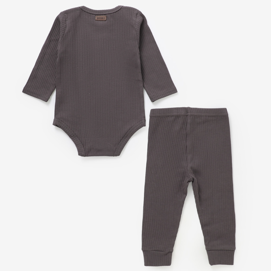 Organic Rib Longsleeve Bodysuit Set | Charcoal