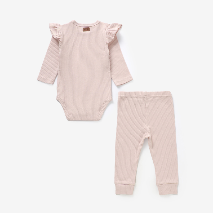Frilled Organic Rib Long sleeve Set | Blush