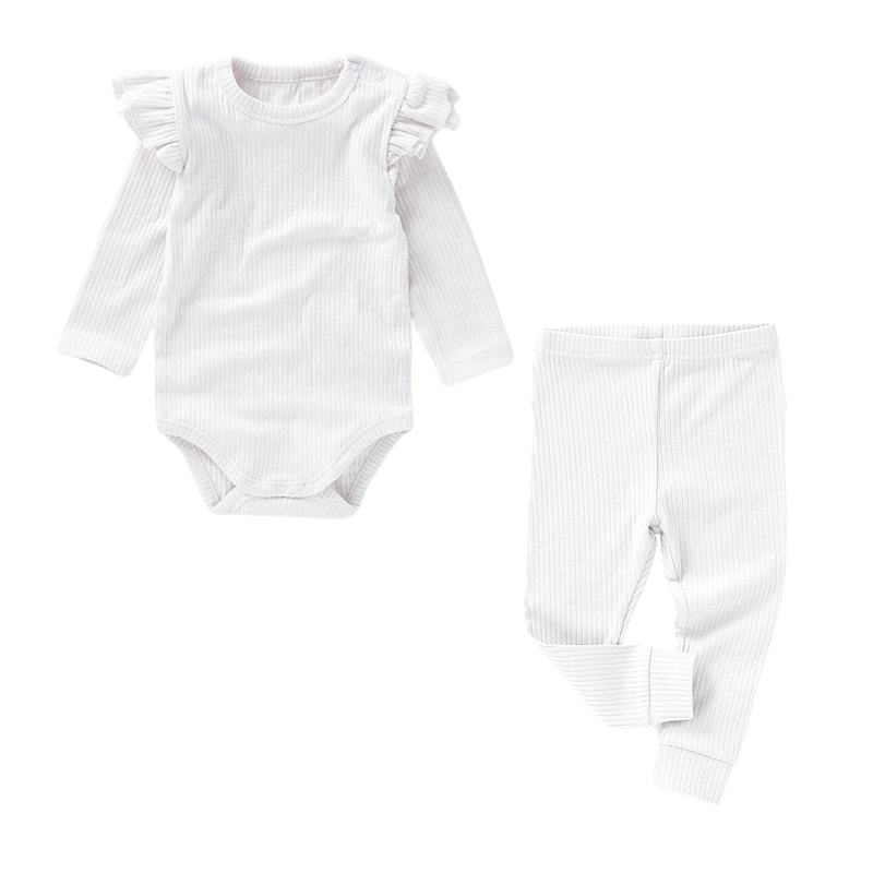 Frilled Organic Rib Long sleeve Set | Ivory