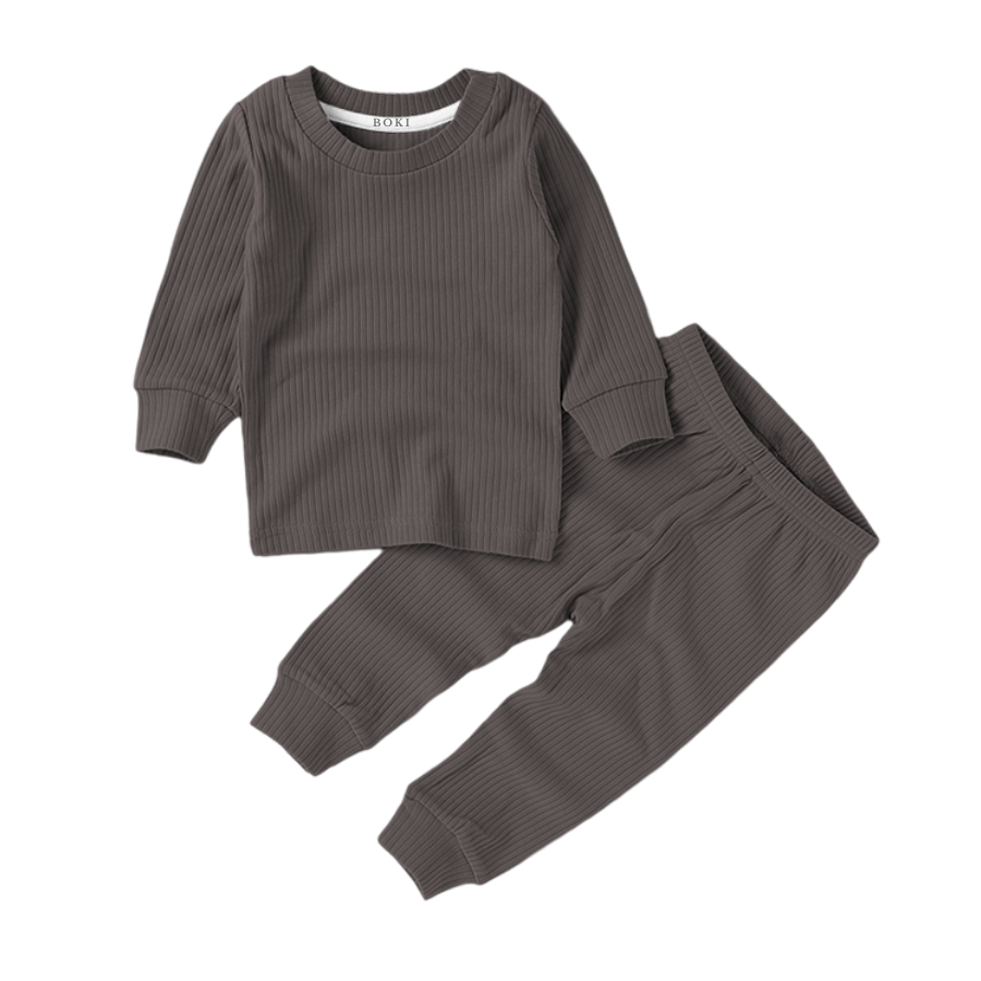 Organic Rib Long sleeve Pyjamas Set | Charcoal