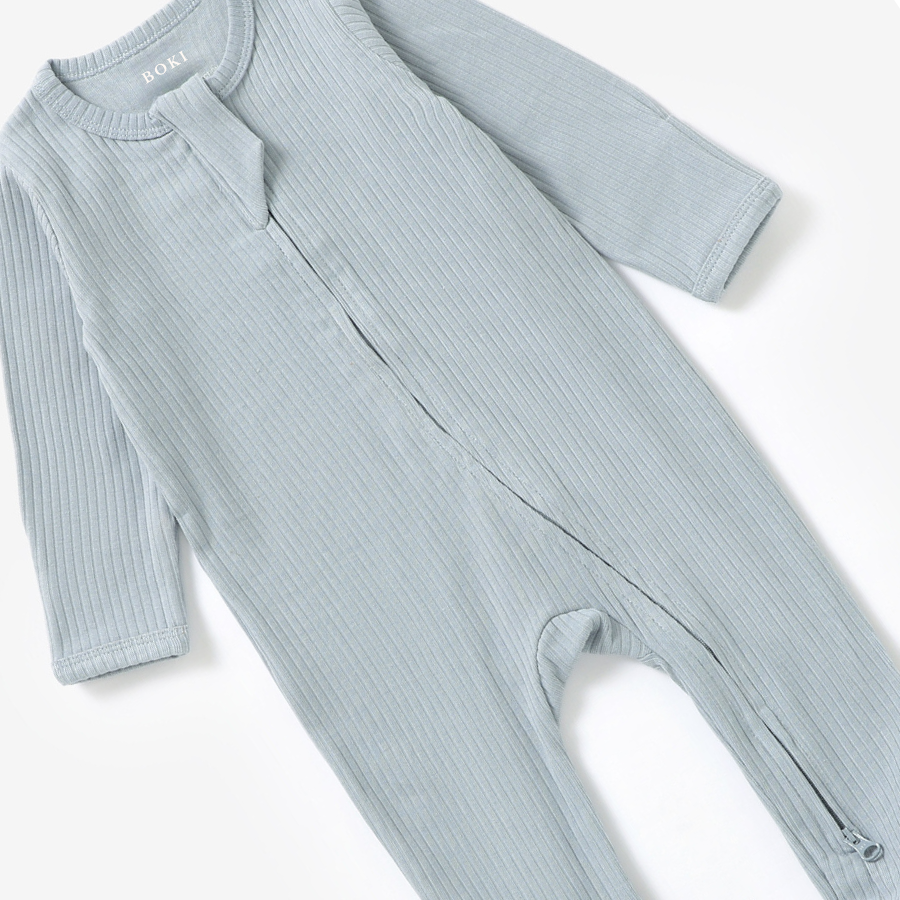 Organic Rib Zipsuit with Footies & Mittens | Light Blue