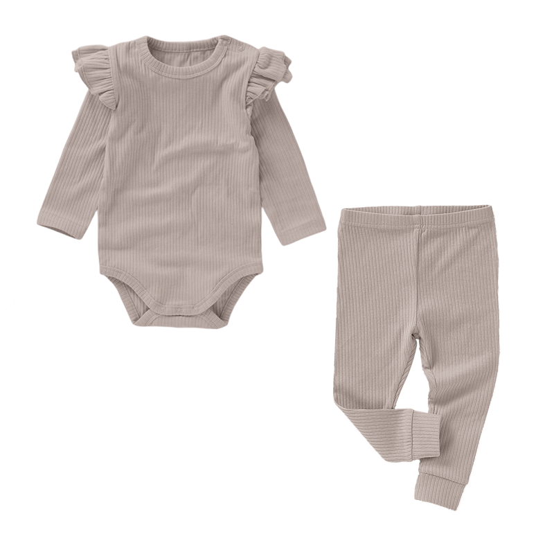 Frilled Organic Rib Long sleeve Set | Oatmeal