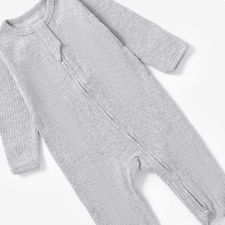 Organic Rib Zipsuit with Footies & Mittens | Light Grey