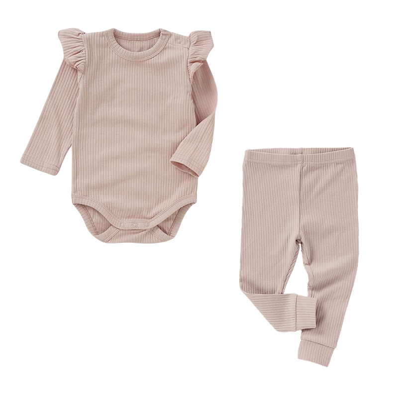 Frilled Organic Rib Long sleeve Set | Blush