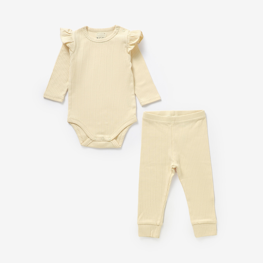 Frilled Organic Rib Long sleeve Set | Creme