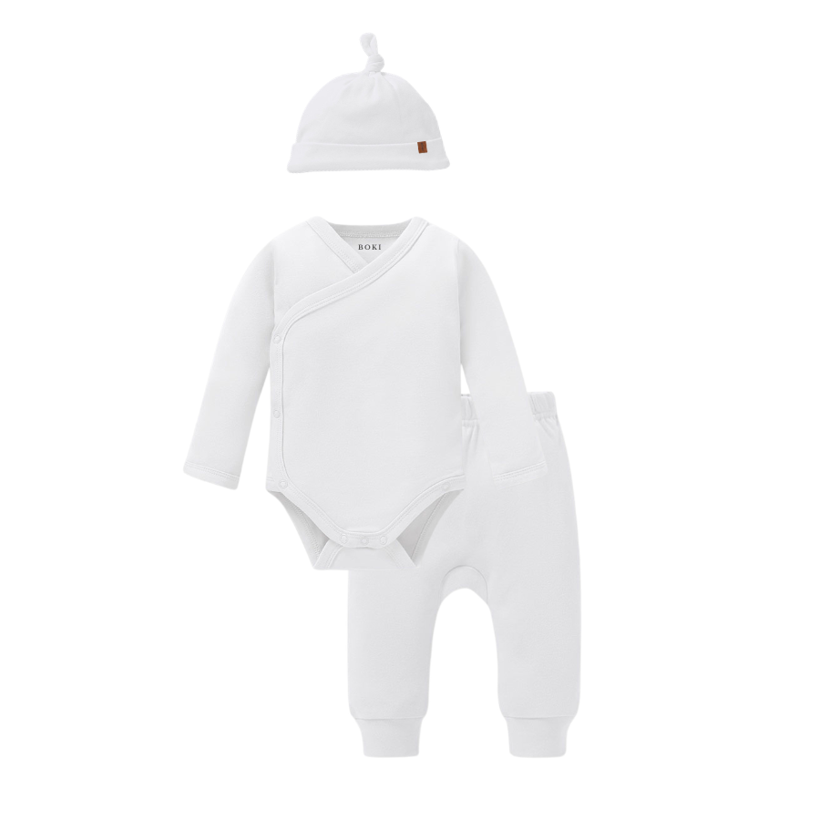 3 Piece Organic Brushed Cotton Fold-Over Set with Beanie | Soft White