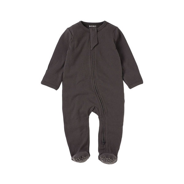 Organic Rib Zipsuit with Footies & Mittens | Charcoal